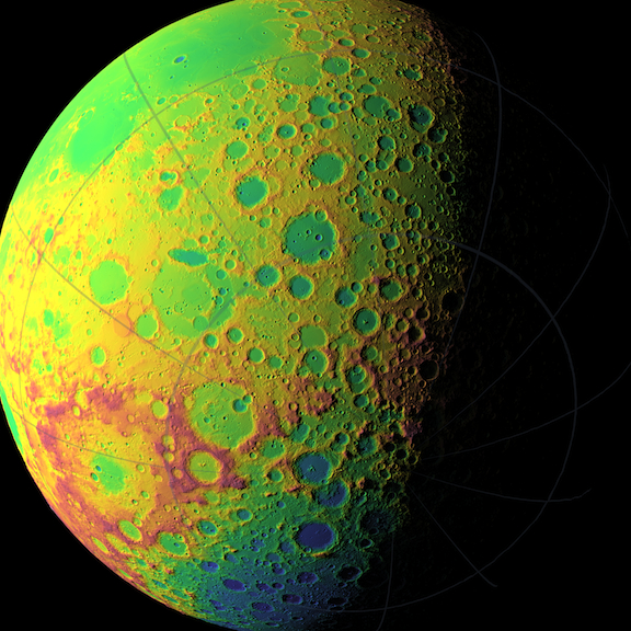 LOLA topographic map of the moon's southern hemisphere.