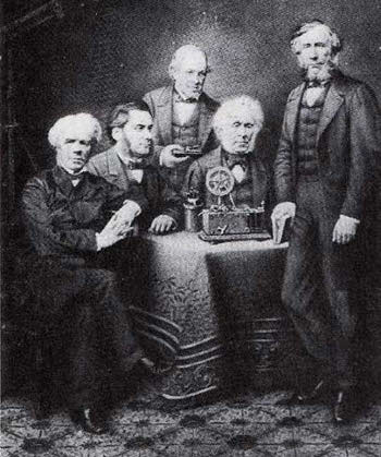 Photograph of Michael Faraday, Thomas Henry Huxley, Charles Wheatstone, David Brewster and John Tyndall.