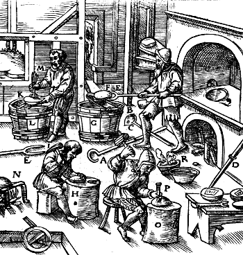 Woodcut from page 391 of De re metallica by Georgius Agricola (1556). This is a workshop with four men at various stages of metallurgical processing.