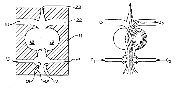 Fluidic amplifier (US Patent No. 4,000,757)