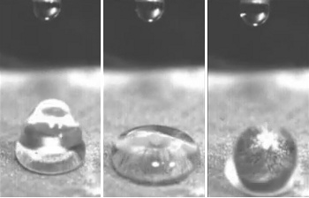 A water droplet bouncing off an MIT nanostructured glass surface