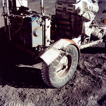 Apollo 17 moonbuggy fender repaired with duct tape.