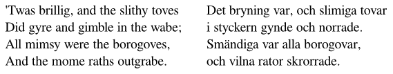 First verse of Jabberwocky in English and Swedish