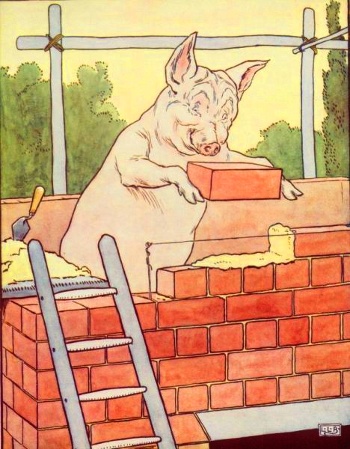 One of the three little pigs builds a brick house
