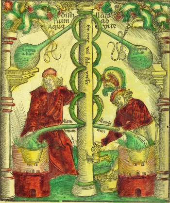 Alchemical distillation, from Hieronymus Brunschwig, 'Liber de arte Distillandi de Compositis' (Strassburg, 1512)
