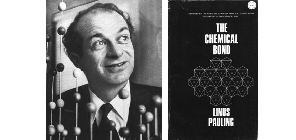 Linus Pauling and the cover of an abridged copy of his Chemical Bond book