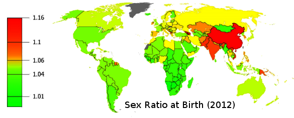 Birth sex ratio, 2012, world map.