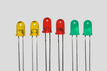 Green, yellow and red light-emitting diodes.
