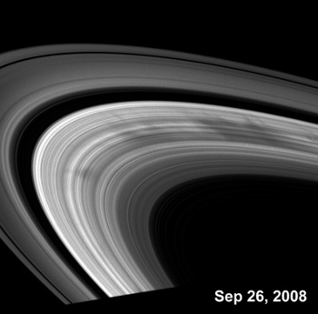 Spokes in Saturn's rings, imaged by the Cassini spacecraft on September 28, 2008