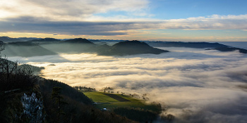 Fog over the Erlauf valley and the Danube river near Scheibbs, Austria.