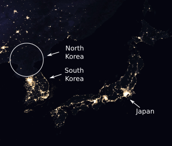 Nightime lighting for Japan, and for North and South Korea.