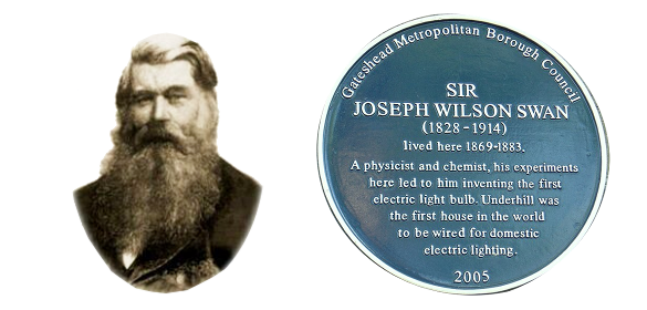 English physicist, chemist, and inventor, Joseph Wilson Swan (1828-1914), and a plaque marking his electrified house