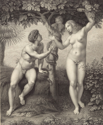 Adam and Eve, an 1814 engraving by J.T. Richomme based on the Raphael fresco.