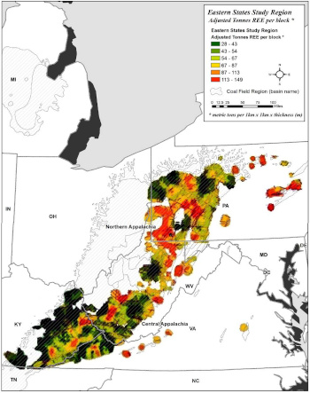A map of the US Appalachian Region showing estimated quantities of rare earth elements in coal
