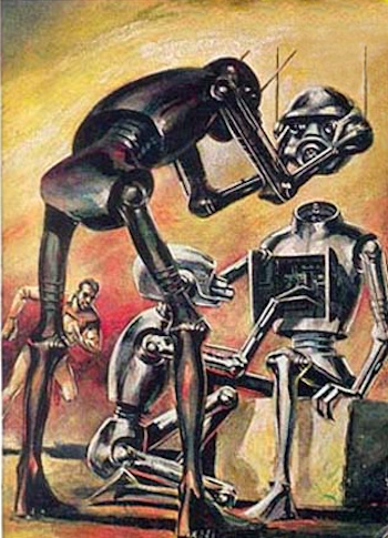 Robots assembling a robot on the cover of Galaxy Magazine, February, 1959