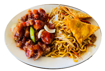 A plate of American Chinese food