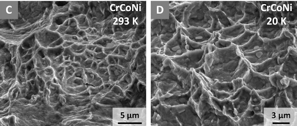 Electron backscatter diffraction images by a scanning electron microscope showing examples of fractures in CrCoNi at 293 K and 20 K.