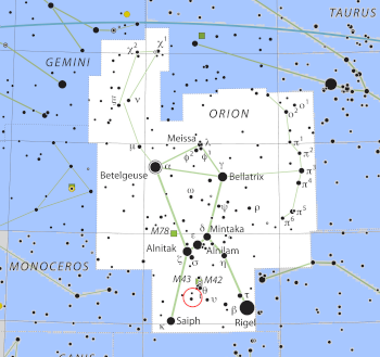 Location of the the protostar, V883 Orionis in the constellation of Orion.