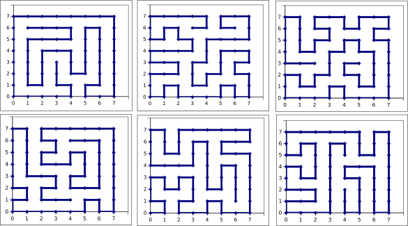Six full-tour self-avoiding random walks on an 8x8 lattice