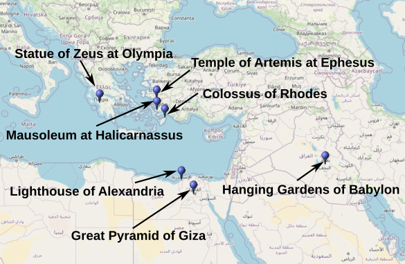 Map of the seven wonders of the ancient world