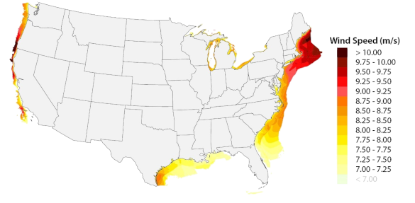 Wind speed map for the U.S. offshore wind energy technical resource area
